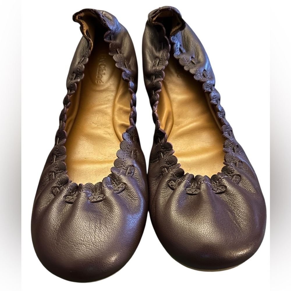 See By Chloe Jane Scallop Calfskin Leather Ballet Flats Shoes Aubergine 37/7